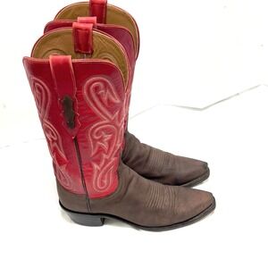 Lucchese 1883 Cowboy Boots Women Brown Red Leather Embroidered Snip Toe Good